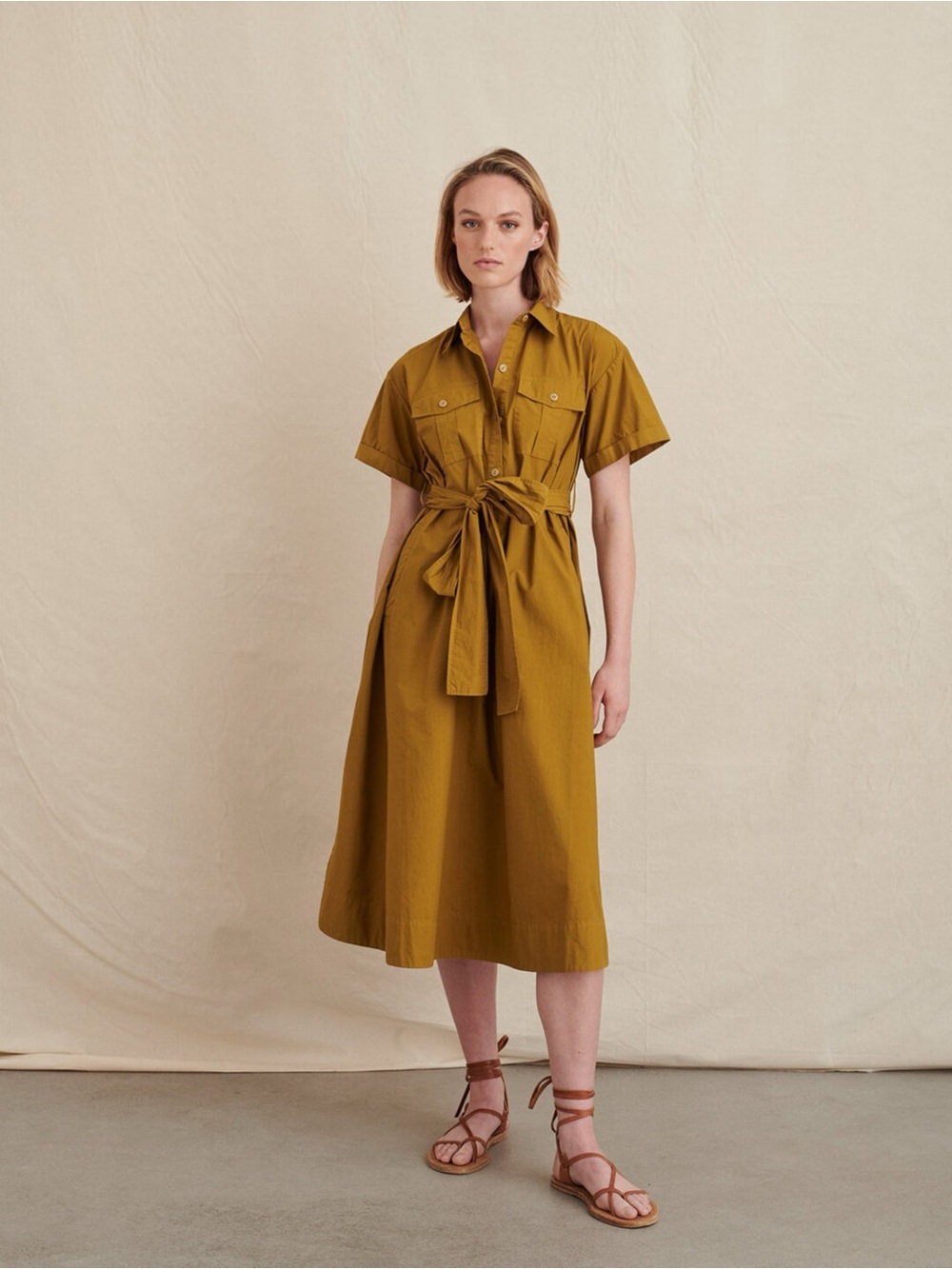 Alex Mill Mustard Utility Midi Shirt Dress with Tie Waist Olive, size M